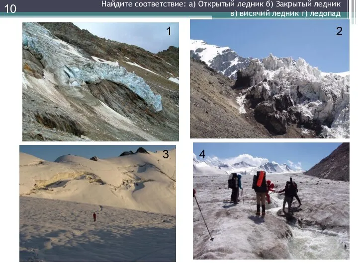 Найдите соответствие: а) Открытый ледник б) Закрытый ледник в) висячий ледник