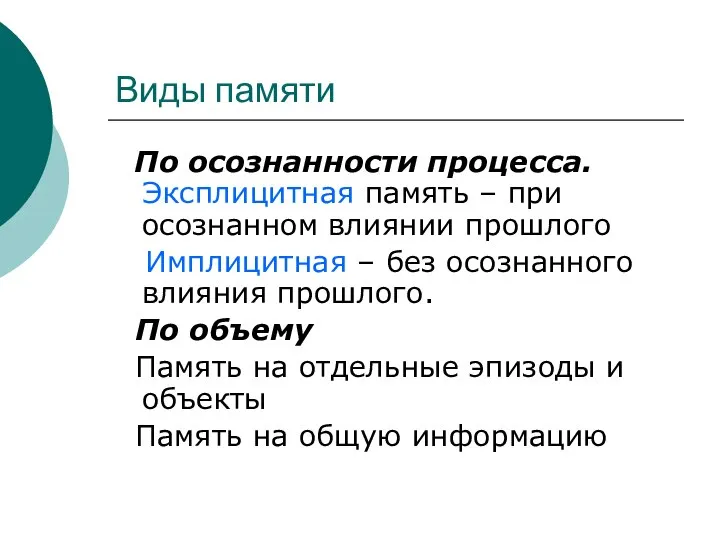 Виды памяти По осознанности процесса. Эксплицитная память – при осознанном влиянии