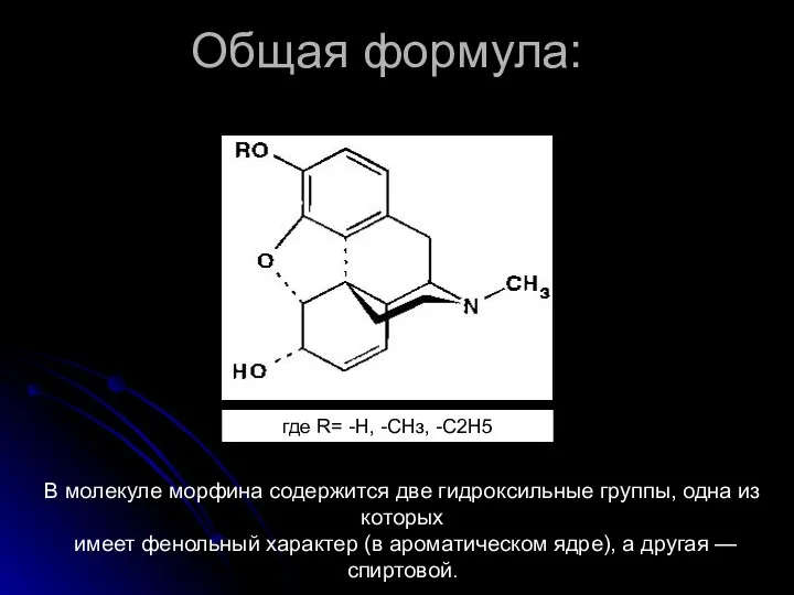 Общая формула: где R= -Н, -СНз, -С2Н5 В молекуле морфина содержится