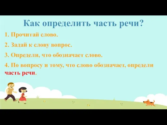 Как определить часть речи? 2. Задай к слову вопрос. 3. Определи,