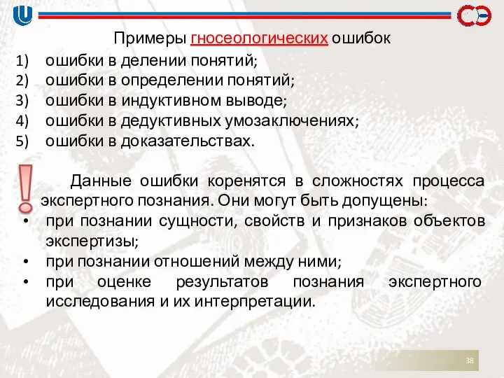 Примеры гносеологических ошибок ошибки в делении понятий; ошибки в определении понятий;