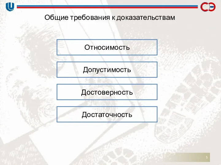 Общие требования к доказательствам Относимость Допустимость Достоверность Достаточность