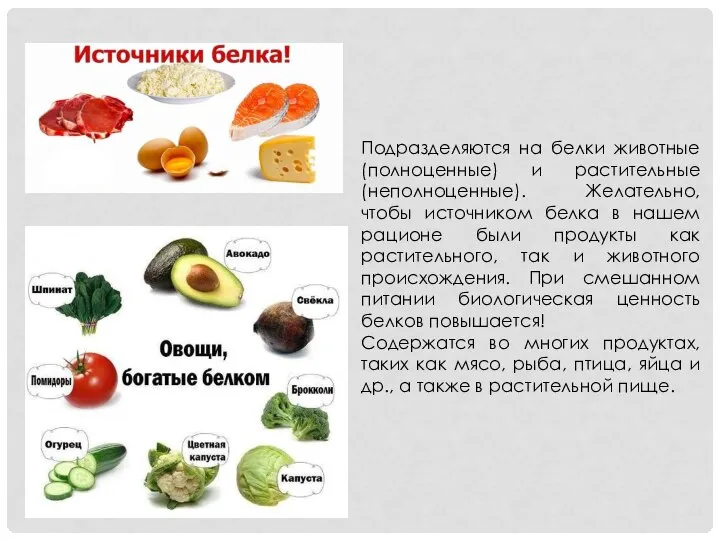 Подразделяются на белки животные (полноценные) и растительные (неполноценные). Желательно, чтобы источником