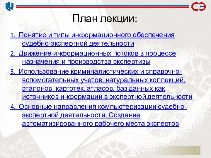 План лекции: 1. Понятие и типы информационного обеспечения судебно-экспертной деятельности 2.