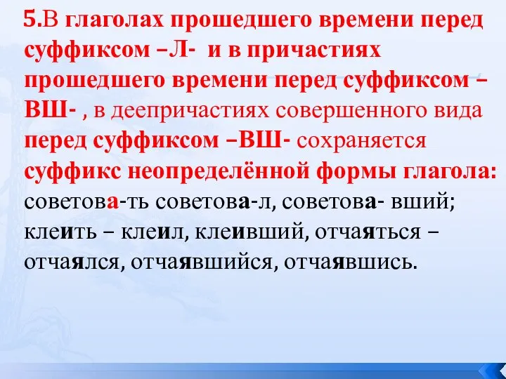 5.В глаголах прошедшего времени перед суффиксом –Л- и в причастиях прошедшего