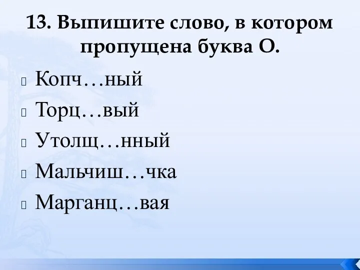 13. Выпишите слово, в котором пропущена буква О. Копч…ный Торц…вый Утолщ…нный Мальчиш…чка Марганц…вая