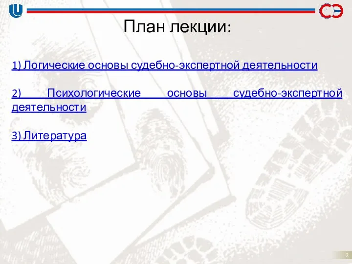 План лекции: 1) Логические основы судебно-экспертной деятельности 2) Психологические основы судебно-экспертной деятельности 3) Литература