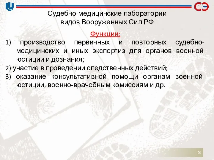 Судебно-медицинские лаборатории видов Вооруженных Сил РФ Функции: 1) производство первичных и