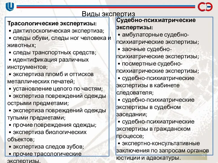 Виды экспертиз Судебно-психиатрические экспертизы: • амбулаторные судебно-психиатрические экспертизы; • заочные судебно-психиатрические