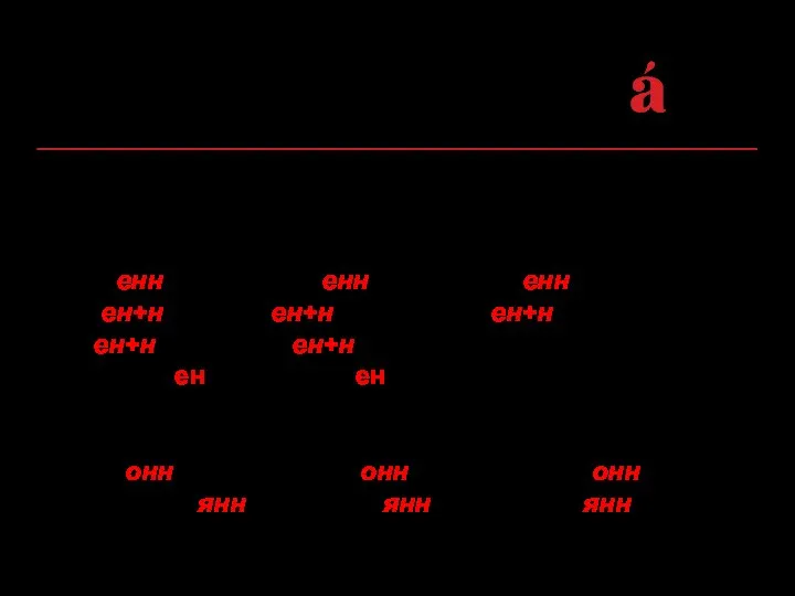 НН: 1. В составе определенных суффиксов: =енн клятв=енн=ый, листв=енн=ый, клюкв=енн=ый; плем=ен+н=ой,