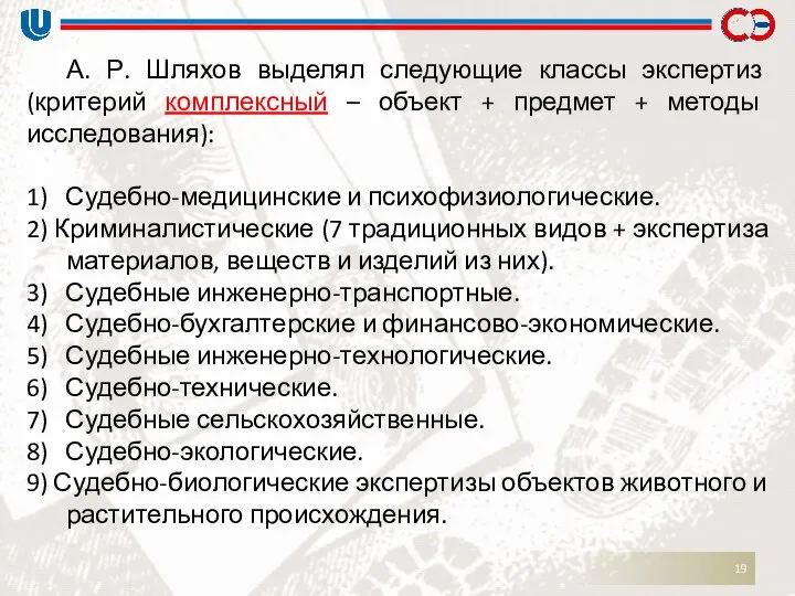 А. Р. Шляхов выделял следующие классы экспертиз (критерий комплексный – объект