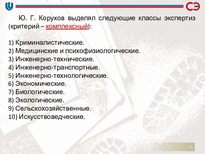 Ю. Г. Корухов выделял следующие классы экспертиз (критерий – комплексный): 1)