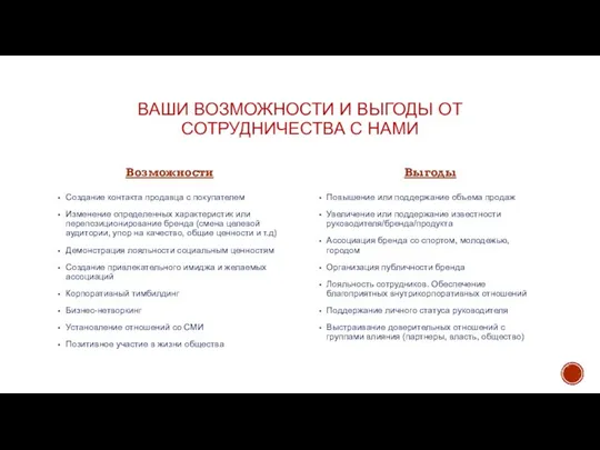 ВАШИ ВОЗМОЖНОСТИ И ВЫГОДЫ ОТ СОТРУДНИЧЕСТВА С НАМИ Возможности Создание контакта