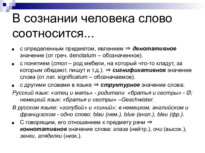 В сознании человека слово соотносится... с определенным предметом, явлением ⇒ денотативное