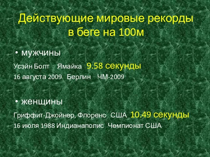 Действующие мировые рекорды в беге на 100м мужчины Усэйн Болт Ямайка