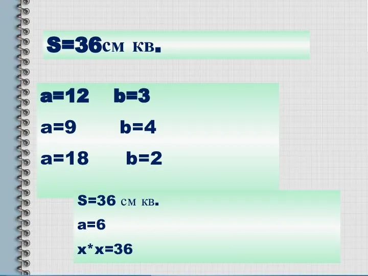 S=36см кв. a=12 b=3 a=9 b=4 a=18 b=2 S=36 см кв. a=6 x*x=36