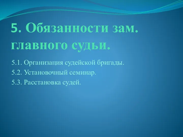 5. Обязанности зам. главного судьи. 5.1. Организация судейской бригады. 5.2. Установочный семинар. 5.3. Расстановка судей.