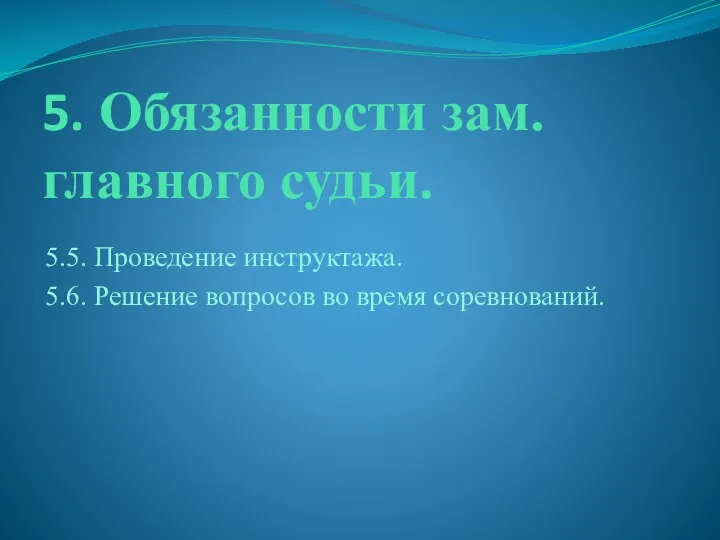 5. Обязанности зам. главного судьи. 5.5. Проведение инструктажа. 5.6. Решение вопросов во время соревнований.