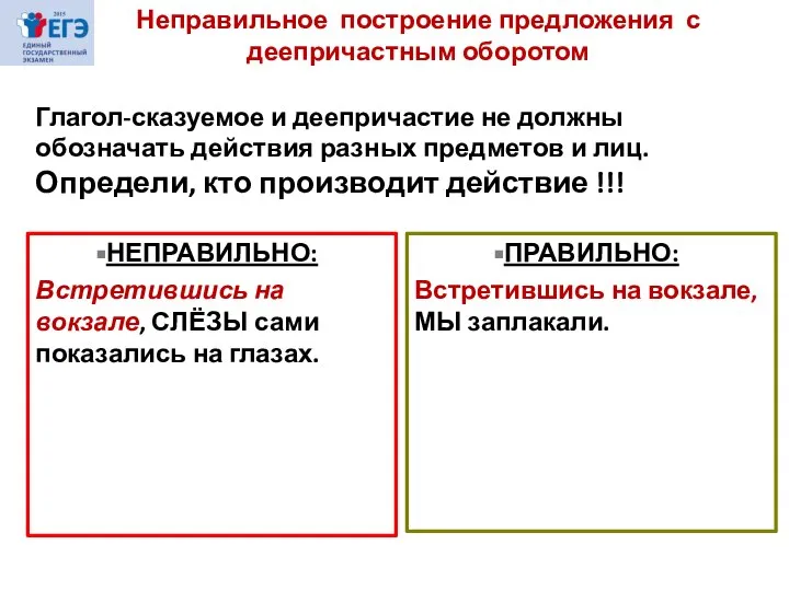 Неправильное построение предложения с деепричастным оборотом Глагол-сказуемое и деепричастие не должны