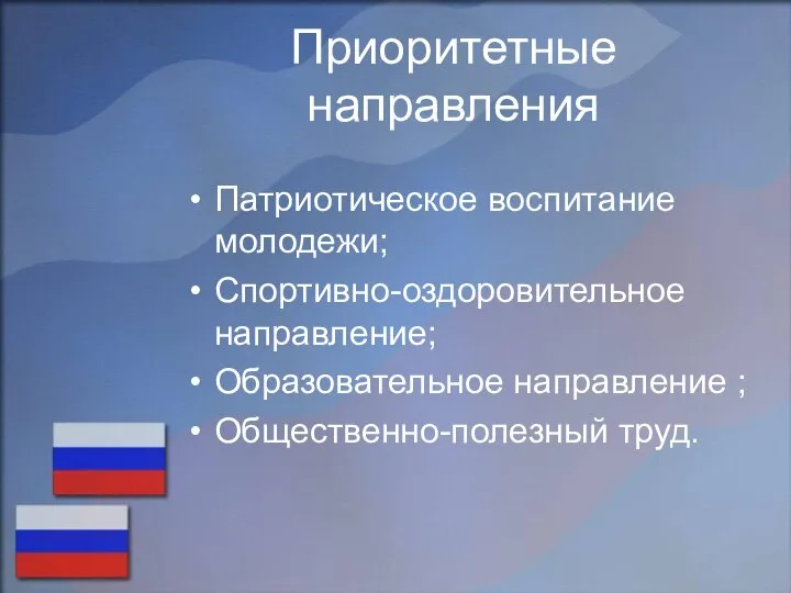 Приоритетные направления Патриотическое воспитание молодежи; Спортивно-оздоровительное направление; Образовательное направление ; Общественно-полезный труд.