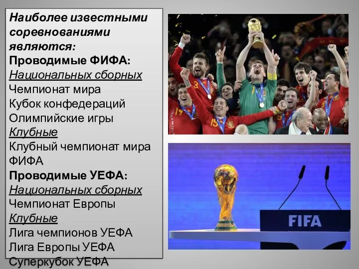 Наиболее известными соревнованиями являются: Проводимые ФИФА: Национальных сборных Чемпионат мира Кубок
