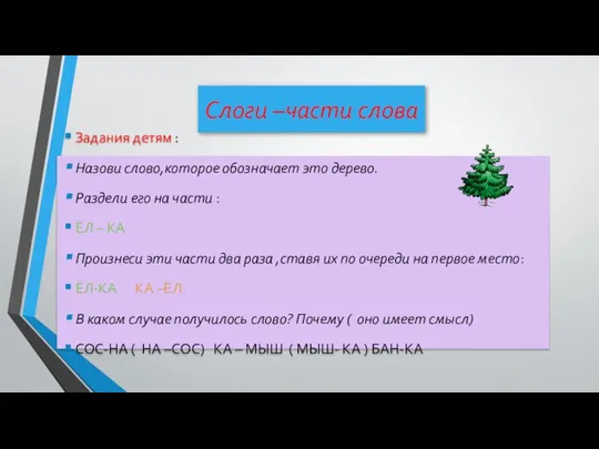 Слоги –части слова Задания детям : Назови слово,которое обозначает это дерево.