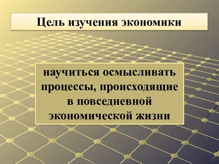 научиться осмысливать процессы, происходящие в повседневной экономической жизни Цель изучения экономики