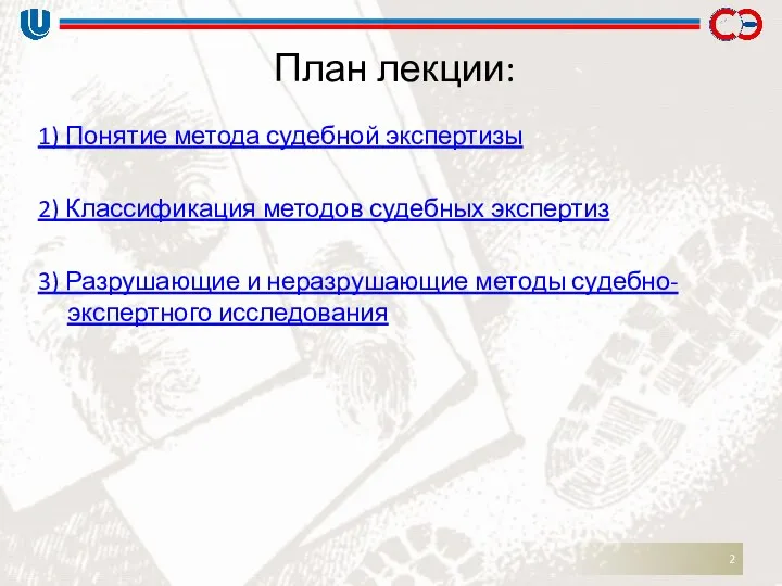 План лекции: 1) Понятие метода судебной экспертизы 2) Классификация методов судебных