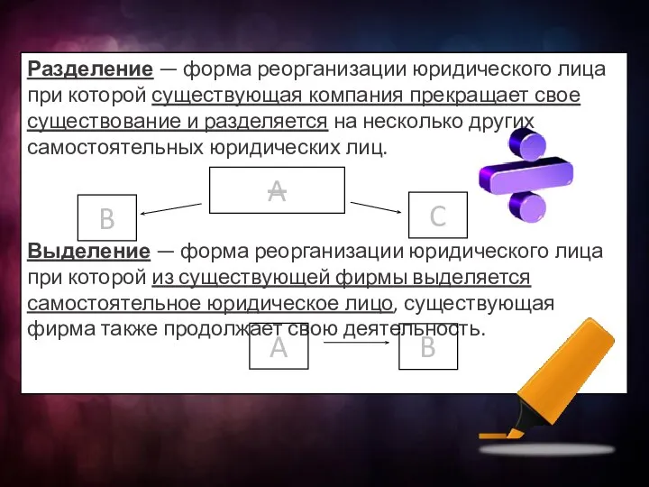 Разделение — форма реорганизации юридического лица при которой существующая компания прекращает