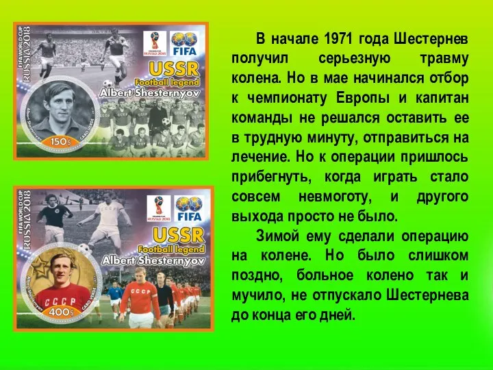 В начале 1971 года Шестернев получил серьезную травму колена. Но в