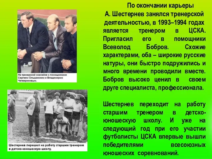 По окончании карьеры А. Шестернев занялся тренерской деятельностью, в 1993–1994 годах