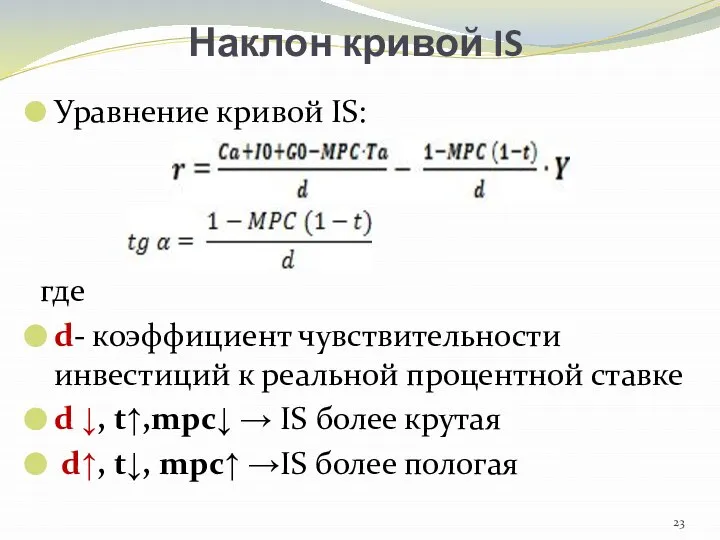 Наклон кривой IS Уравнение кривой IS: где d- коэффициент чувствительности инвестиций