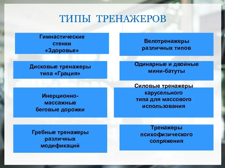 ТИПЫ ТРЕНАЖЕРОВ Гимнастические стенки «Здоровье» Дисковые тренажеры типа «Грация» Силовые тренажеры