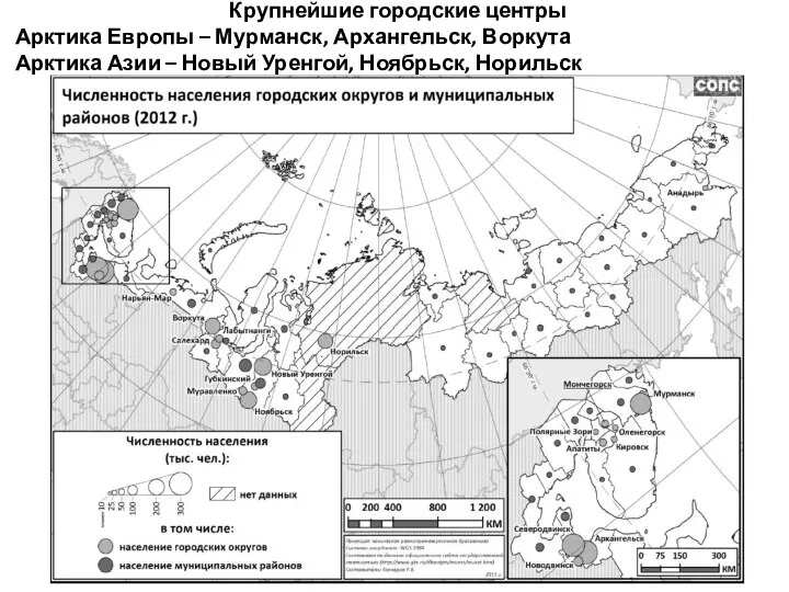 Крупнейшие городские центры Арктика Европы – Мурманск, Архангельск, Воркута Арктика Азии – Новый Уренгой, Ноябрьск, Норильск