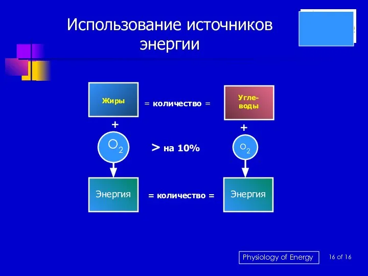 Использование источников энергии 16 of 16 O2 o2 Жиры Угле-воды Энергия