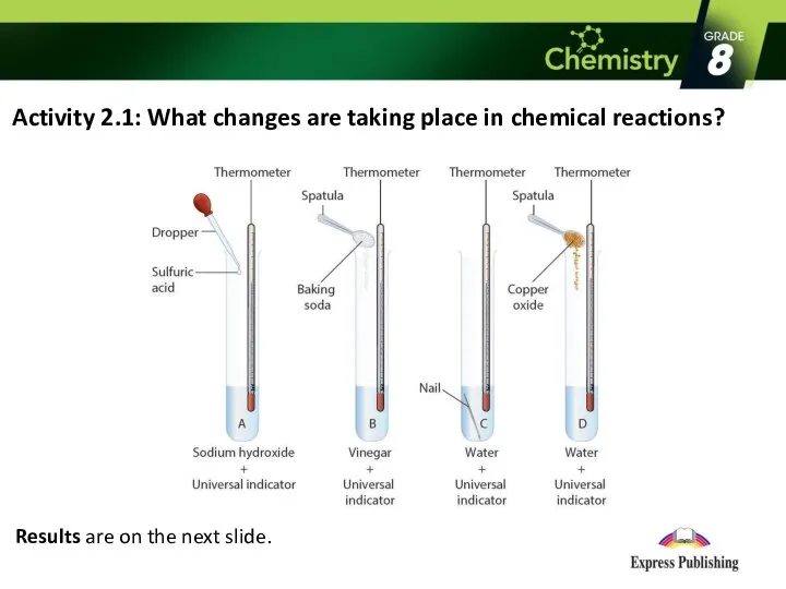 Activity 2.1: What changes are taking place in chemical reactions? Results are on the next slide.