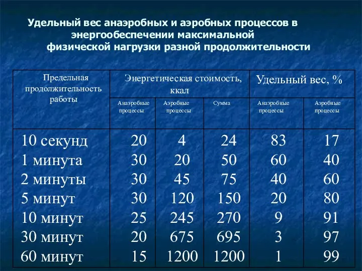 Удельный вес анаэробных и аэробных процессов в энергообеспечении максимальной физической нагрузки разной продолжительности