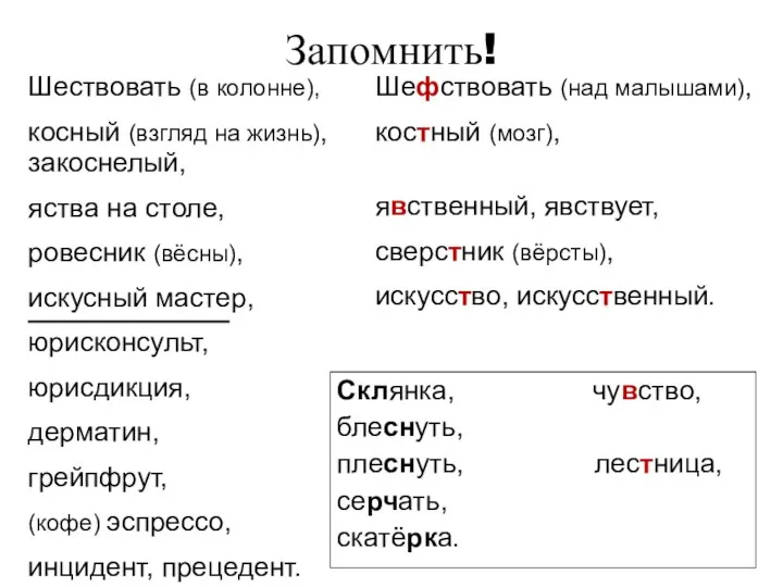 Запомнить! Шествовать (в колонне), косный (взгляд на жизнь), закоснелый, яства на