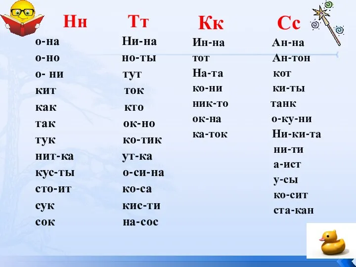 Нн Тт о-на Ни-на о-но но-ты о- ни тут кит ток