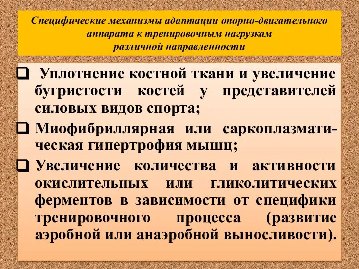 Специфические механизмы адаптации опорно-двигательного аппарата к тренировочным нагрузкам различной направленности Уплотнение