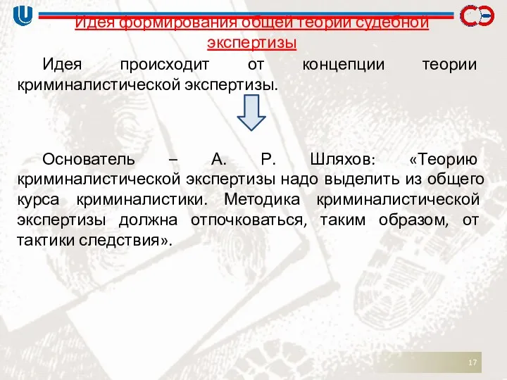 Идея формирования общей теории судебной экспертизы Идея происходит от концепции теории