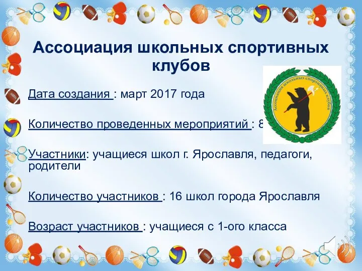 Ассоциация школьных спортивных клубов Дата создания : март 2017 года Количество