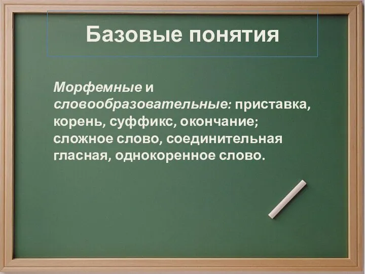 Базовые понятия Морфемные и словообразовательные: приставка, корень, суффикс, окончание; сложное слово, соединительная гласная, однокоренное слово.