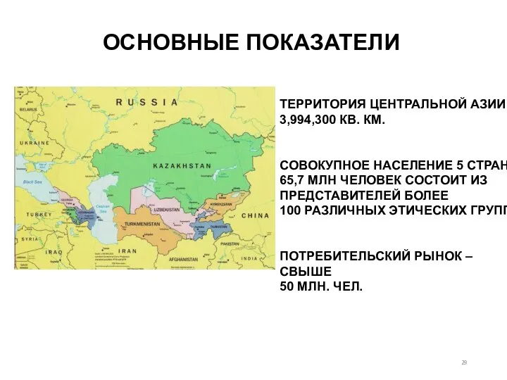 ОСНОВНЫЕ ПОКАЗАТЕЛИ ТЕРРИТОРИЯ ЦЕНТРАЛЬНОЙ АЗИИ – 3,994,300 КВ. КМ. СОВОКУПНОЕ НАСЕЛЕНИЕ