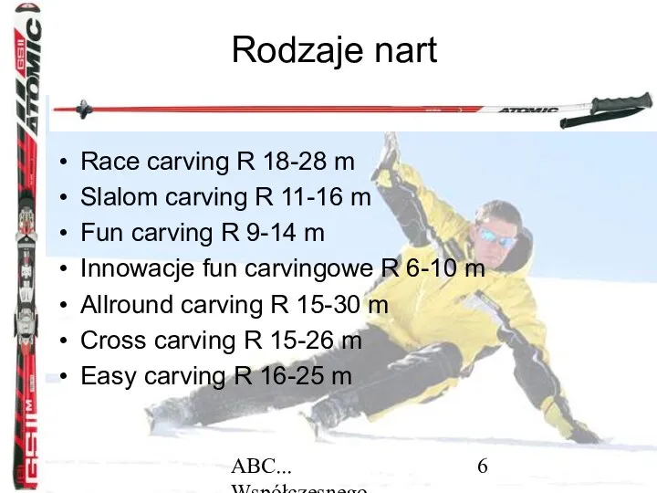 ABC... Współczesnego narciarstwa Rodzaje nart Race carving R 18-28 m Slalom