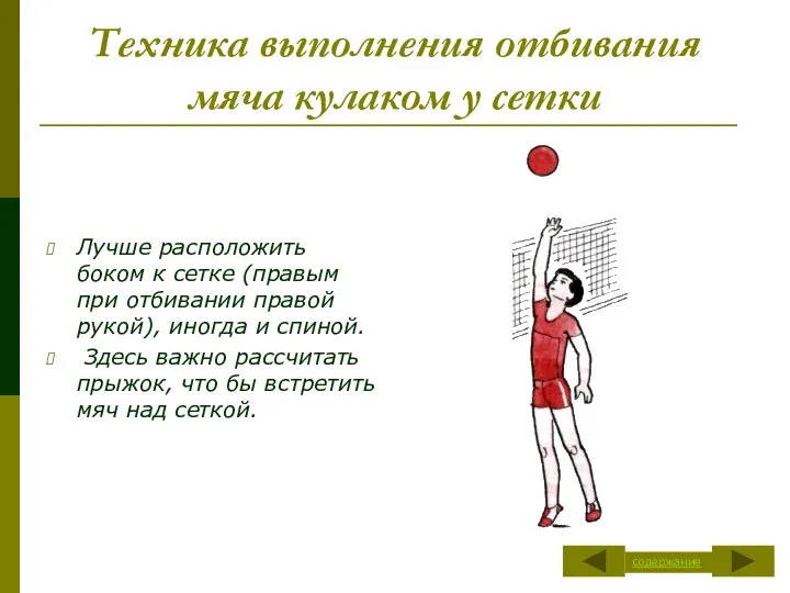 Техника выполнения отбивания мяча кулаком у сетки Лучше расположить боком к