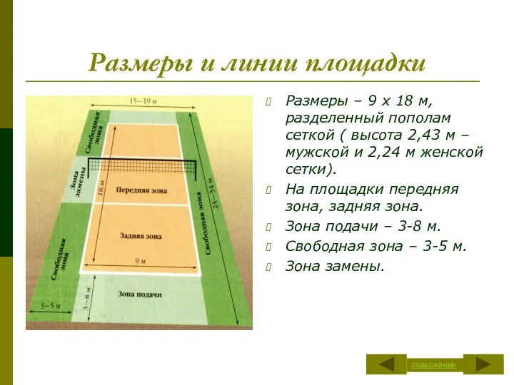 Размеры и линии площадки Размеры – 9 х 18 м, разделенный