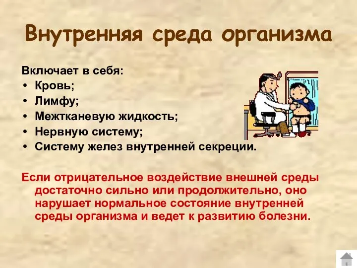 Внутренняя среда организма Включает в себя: Кровь; Лимфу; Межтканевую жидкость; Нервную