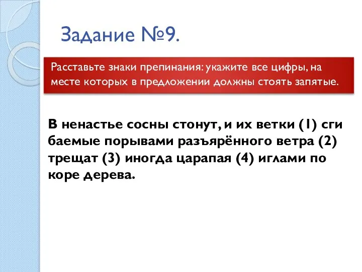 Задание №9. Рас­ставь­те знаки пре­пи­на­ния: ука­жи­те все цифры, на месте ко­то­рых