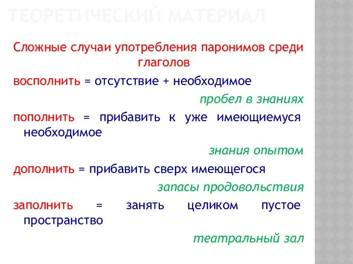 ТЕОРЕТИЧЕСКИЙ МАТЕРИАЛ Сложные случаи употребления паронимов среди глаголов восполнить = отсутствие